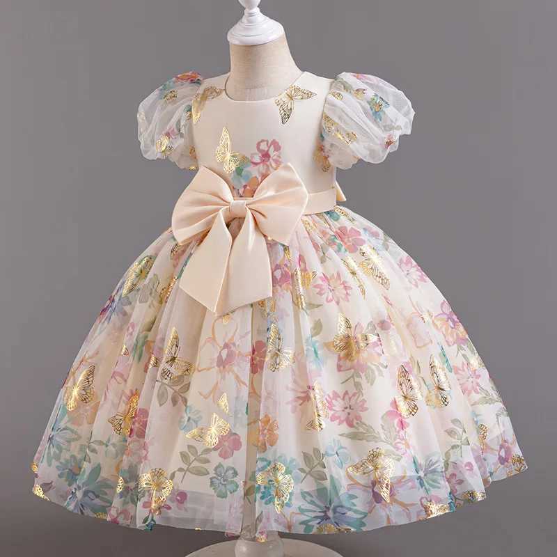 Girl's Dresses Girls new bubble sleeve big bow print sweet and cute princess dress graduate evening gown Y250227DEFX