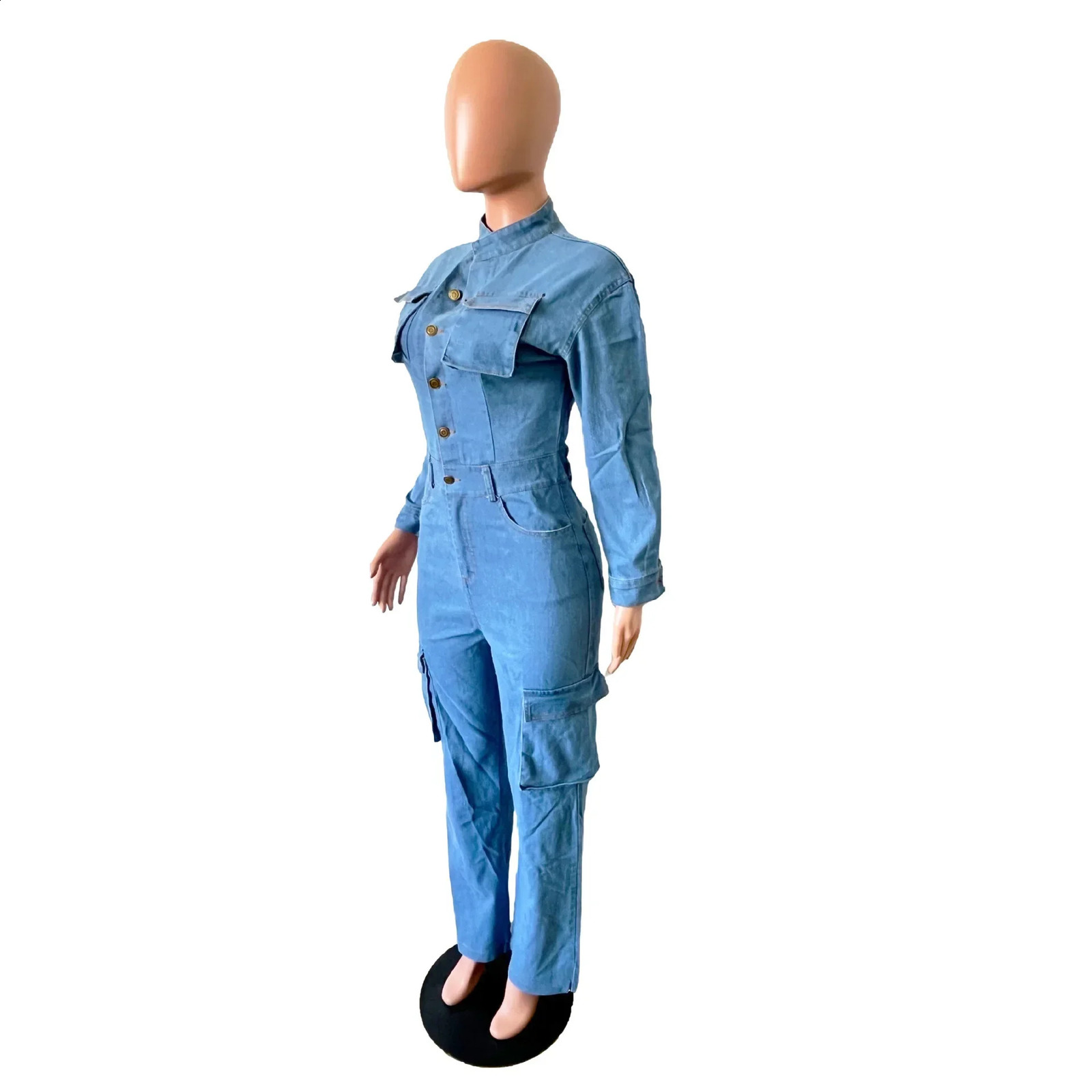 Womens Autumn and Winter Fashion Elastic Organ Bag Wash Denim Jumpsuit Stand Collar Long Sleeve Denim Bell Bottoms Overalls 241230