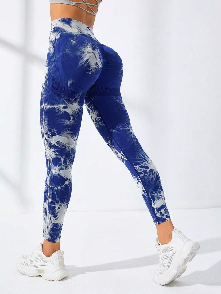 Trendy women's printed seamless double hip tie dye yoga pants long pants shorts high waisted hip lifting fitness pants tight sports pants