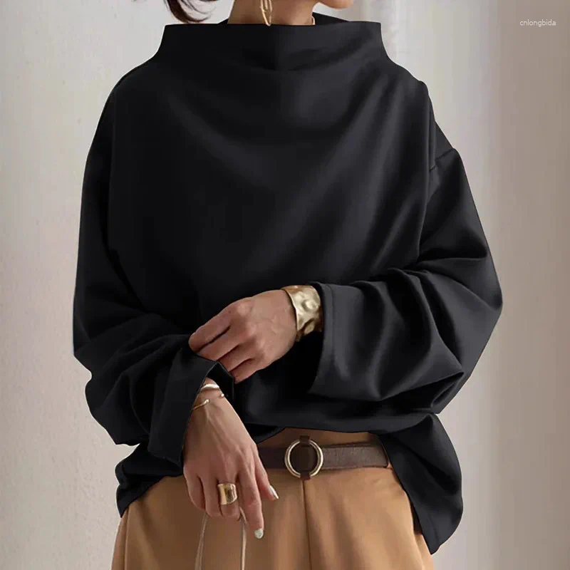 Womens Blouses 2024 Autumn Fashion Korean Tops Casual High-Neck Long Sleeves Simple Black Blouse Shirts For Women Female