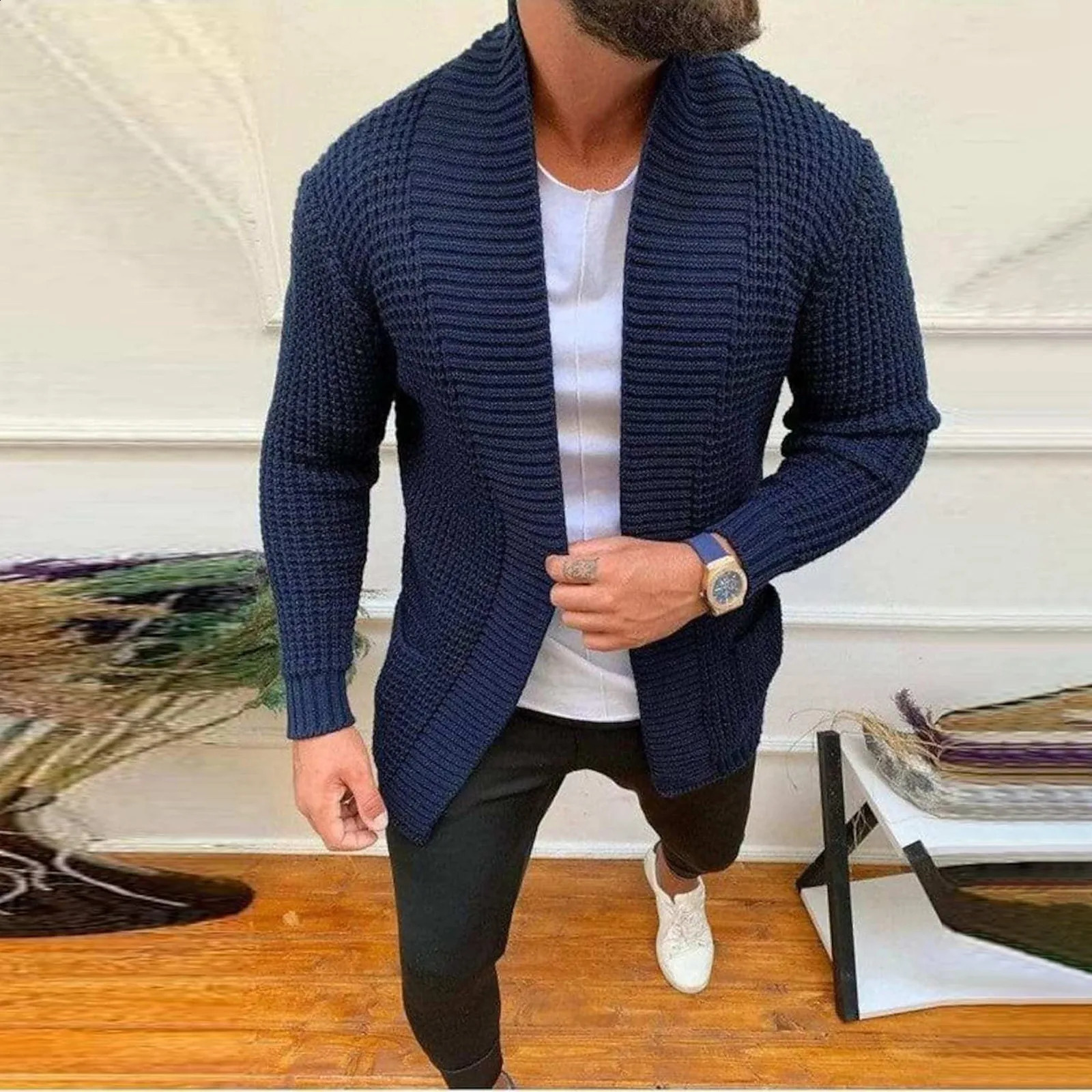 Mens Beige Knitted Cardigans Jacket Autumn Winter Sweater Outerwear Fashion Casual Long Sleeved Mid Length 241230