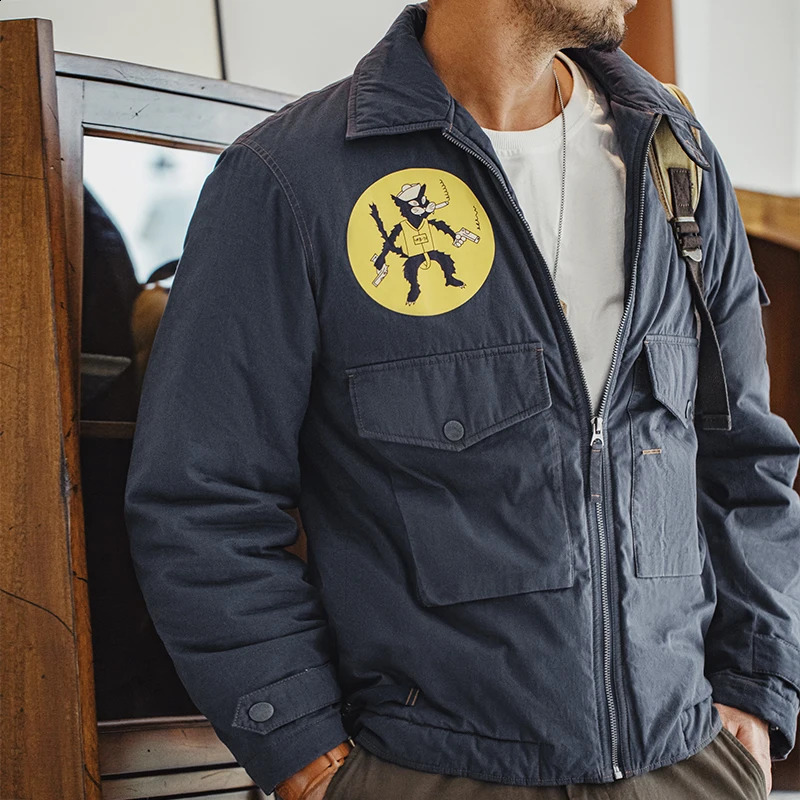 Maden Vintage Black Cat VPB71 Cotton Bomber Jacket for Men Autumn Winter Lapel Windproof Coat Thickened Warm Navy Blue Outwear 241230