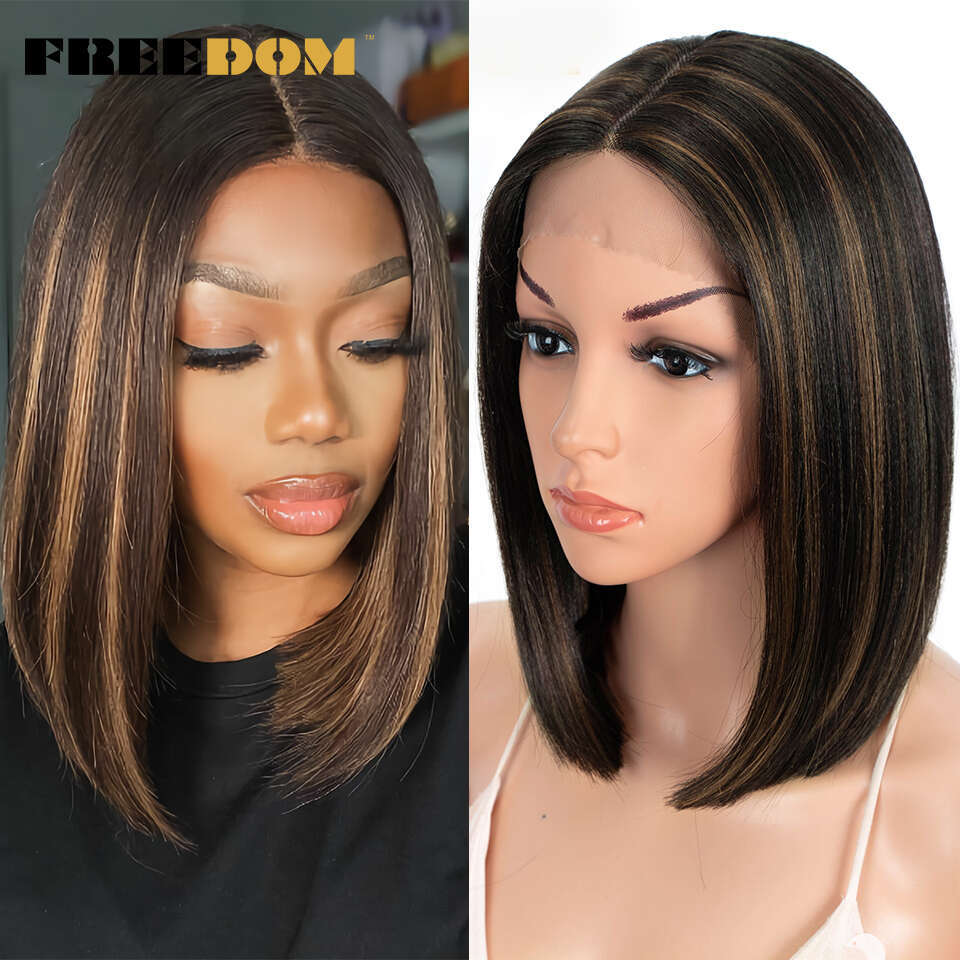 FREEDOM Short Bob Synthetic Straight Ombre Blue Pink Ginger Blonde Lace Wigs For Black Women Middle Part Cosplay Wig
