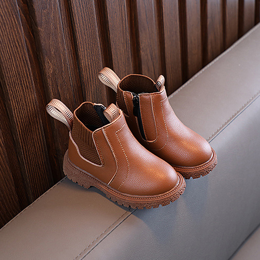 Winter New Kids Thick Plush Warm Boots Side Zipper PU Leather Waterproof Snow Boots Happysteps Boys Girls Non-slip Plush Cotton Shoes Size US 5C-12.5C