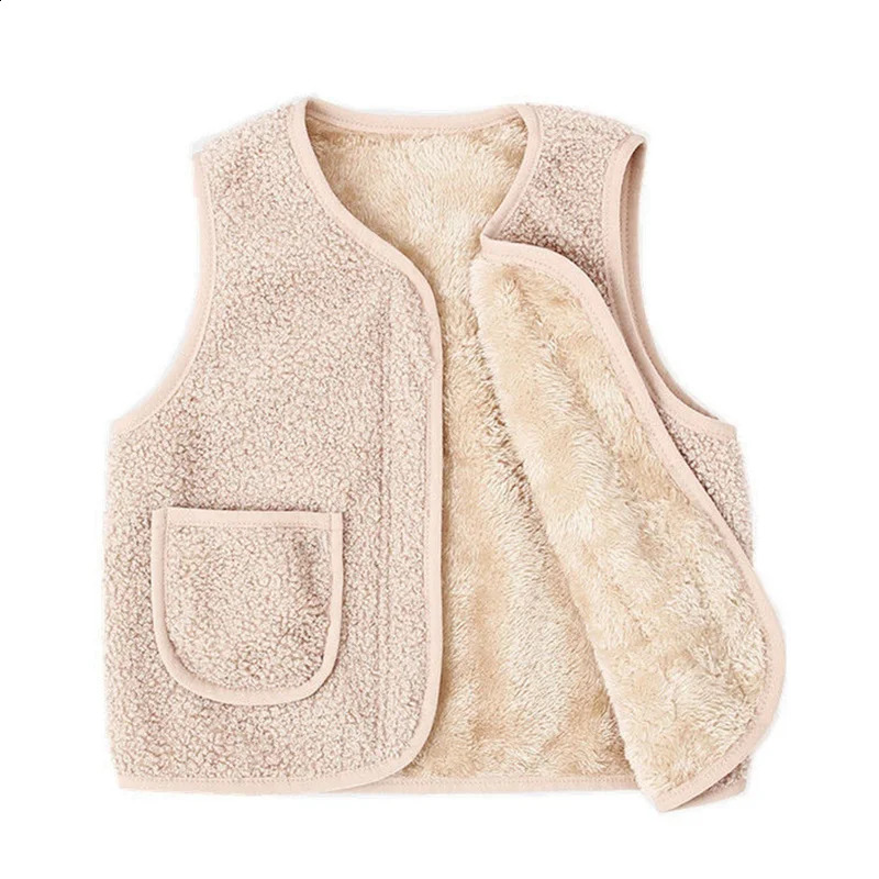 Childrens Winter Lamb Wool Undershirt Boys Girls V-Neck Zipper Jacket Baby Warm Coat Vest 0-8 Years Old 241230