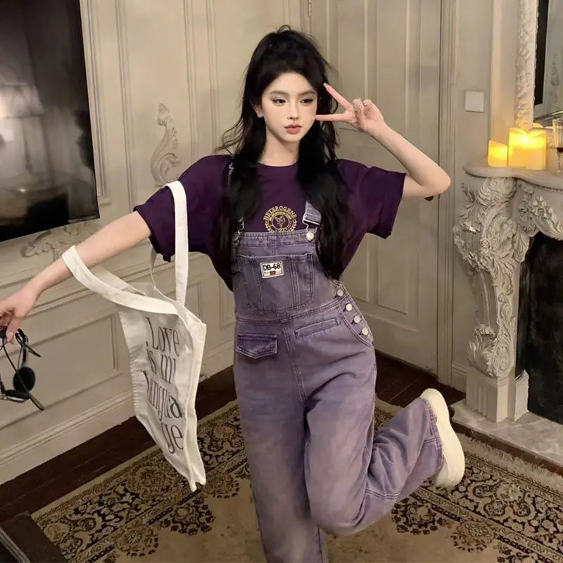 Youth Series Women Vintage Niche Purple Cow Summer Loose Korean Solid Casual Wide Legs Office Lady Affordable Rompers 241230