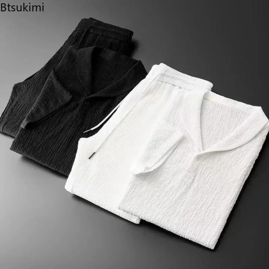 2025 Summer Korean Style Casual Sets for Men Fashion Streetwear Mens Comfort Solid Lapel TopsTrousers Joggers Suit Tracksuit 241223