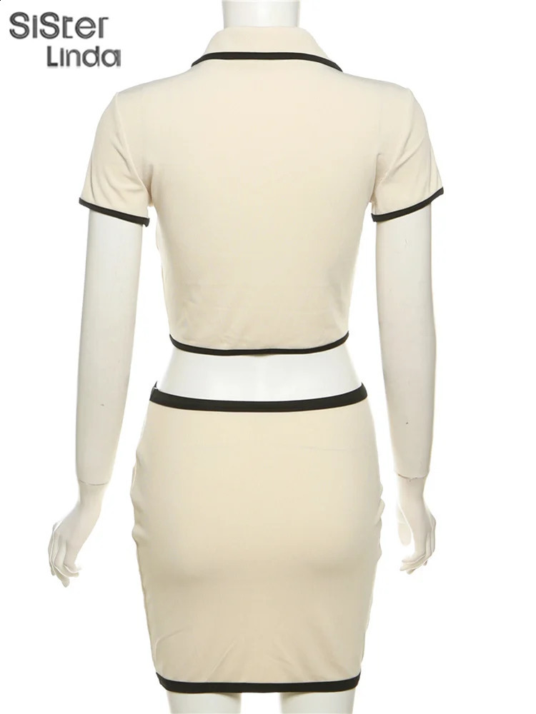 Sisterlinda Fashion Casual Ribbed Two Piece Set Summer Full Sleeve Lapel Striped Button TopsHip Skirts Female Streetwear 241220