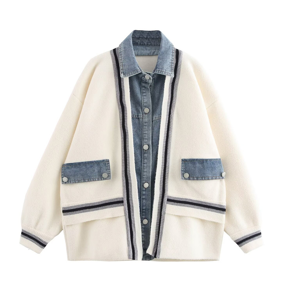 Autumn New Fashion Women's Casual Elegant Design Denim Patchwork Sweater Shirt Collar Striped Cardigan Jacket