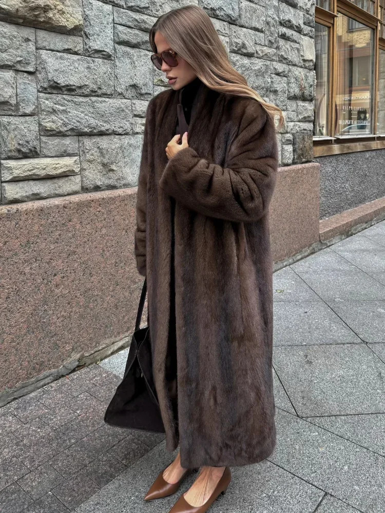 Women Fashion Dark Brown Thicken Warm Faux Fur Long Overcoat Retro Full Sleeve Oversize Stand Collar Jacket Lady Streetwear 241223