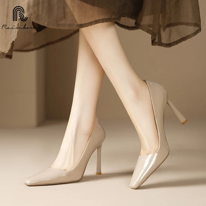 RAINBOW 33-40 Handmade Genuine Leather Shoes Trend Women Pumps Pointed square Toe High Heels Party Elegant Ladies Office 241230