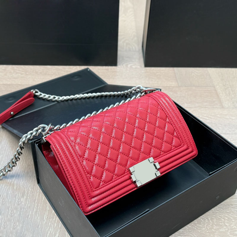 Women Vintage Boy Flap Bag 20/25cm Caviar Leather Gold Silver Metal Hardware Chain Designer Tote Adjustable Shoulder Strap Classic Sacoche Cross Body Handbag