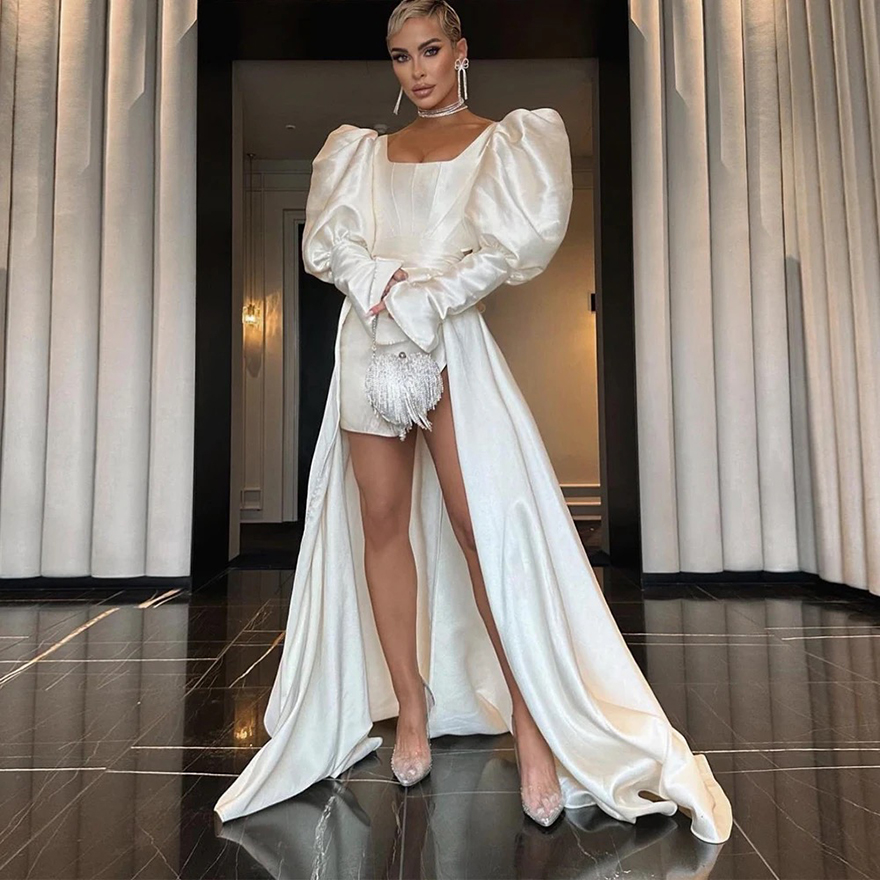 Simple Modern Ivory Satin Thick Short Wedding Dresses Long Puff Sleeves Mini Sexy Bridal Gowns Square Neck White Robe de mariage