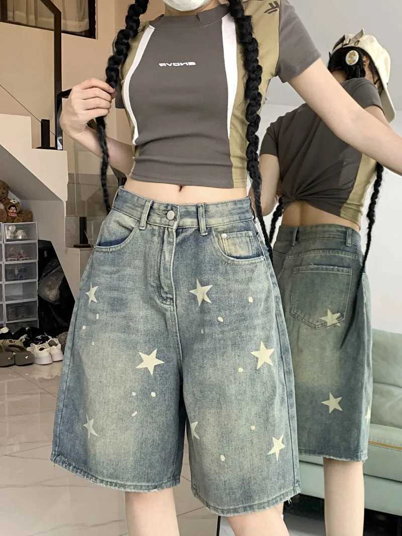 AA American Vintage High Waist Jeans Womens Casual 2000s Stars Print Retro Shorts Baggy Y2K Wide Leg Grunge Washed Denim ShortsX241230