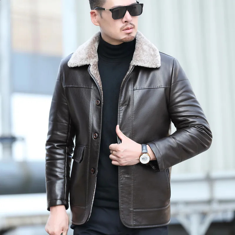 YX-838 Natural Leather Mens Autumn and Winter Sheepskin Casual Lapel Mid Length Business Leather Down Jacket Plus Size 250114