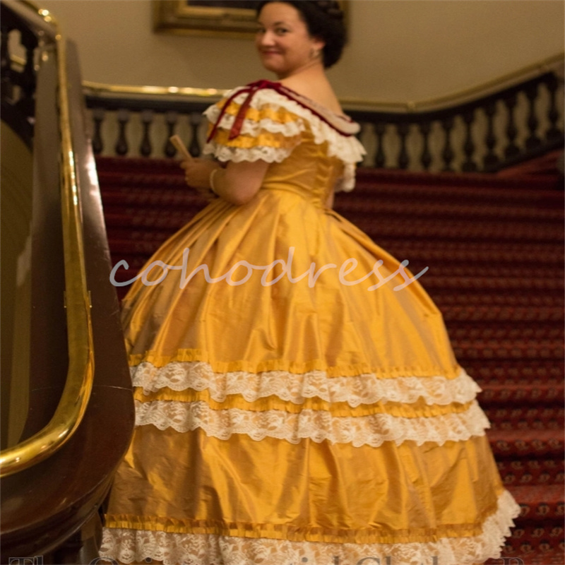 Historical Yellow Renaissance Prom Dress Off Shoulders Lace Gothic Steampunk Ball Gown Evening Dress Costume Party Civil war Southern French Duchess B