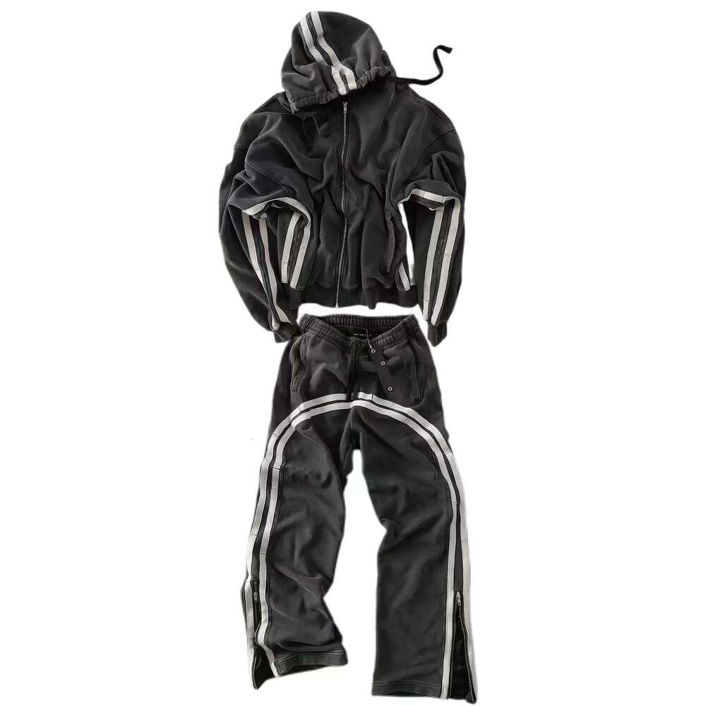 Y2K 2 piece set Men Stripe Pattern Zip Up Hoodie New High Quality Fashion Casual Pants Oversized Sweatshirt Hip Hop Streetwear