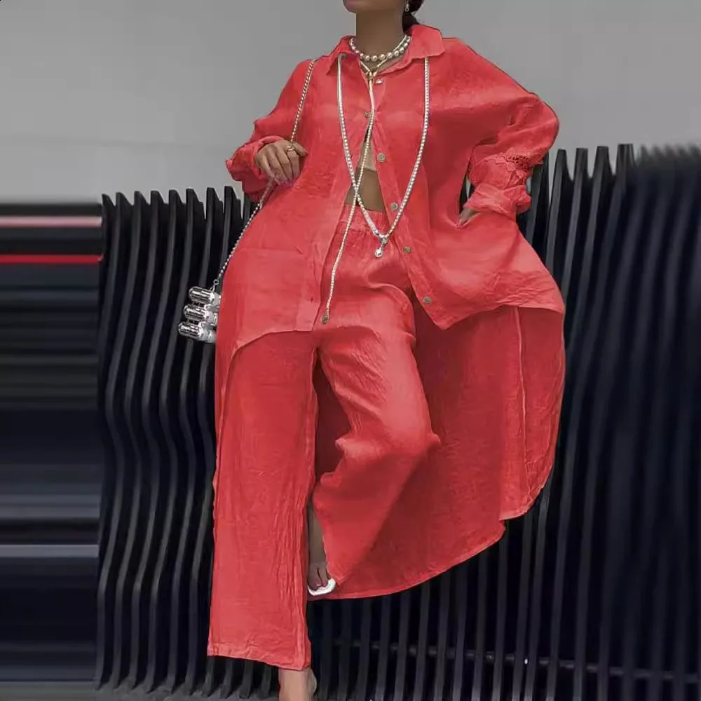 Lady Clothes Elegant Cuff Shirt Elastic Waist Trousers Set For Women Stylish Buttondown Blouse With Irregular Hem Fall 2024 241220