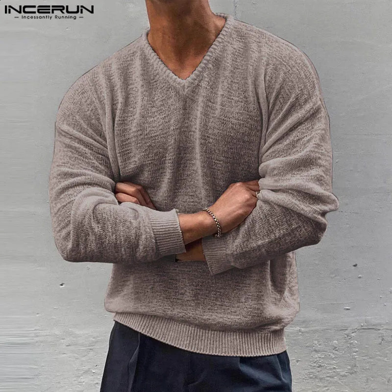 INCERUN Tops 2024 Korean Style Mens Fashion V-neck Loose Thin T-shirt Casual Simple Texture Knitted Long Sleeved Camiseta S-5XL 241230