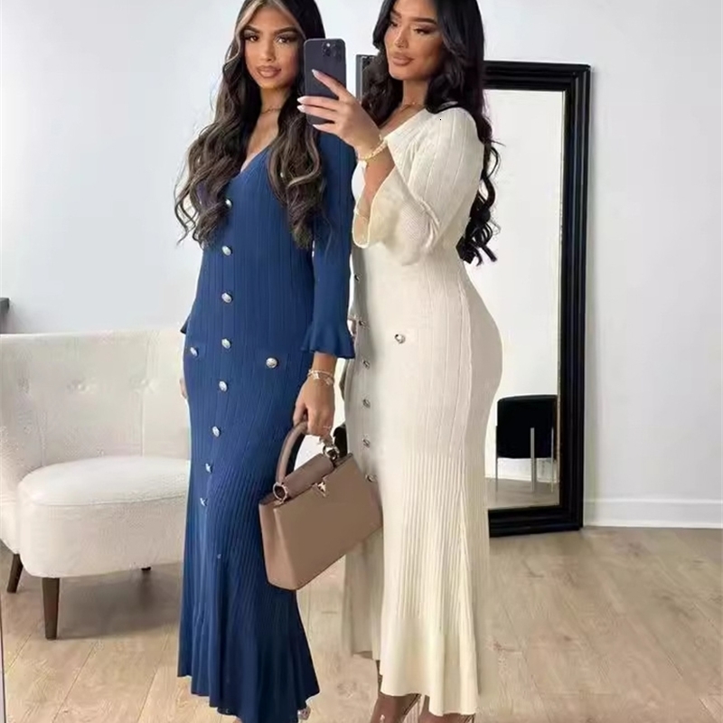 Elegant Knitted Long Dres Flare Sleelve V Neck Ruffles Single Breasted Bodycon Dresses Party Fashion Office Lady Vestidos 241228