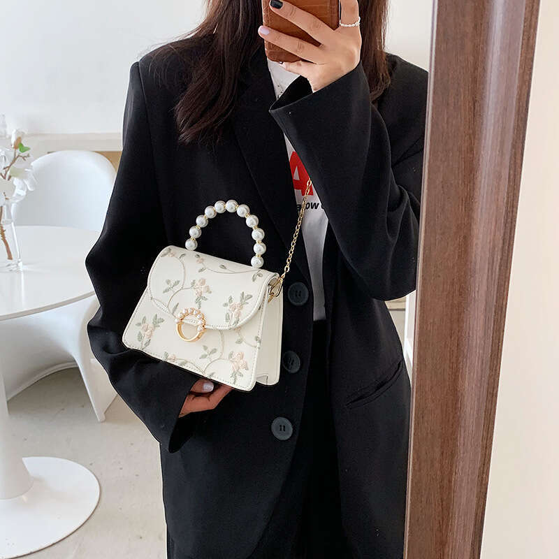 Lace Embroidered Handbag For Women In , New Chain Single Shoulder Women's Pearl Crossbody Bag, Chinese Style Portable Small Square Bags