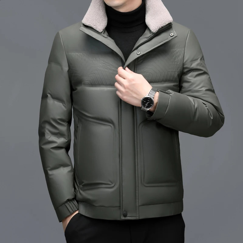 YX-6502 Mens Genuine Leather Down Jacket Winter Sheepskin Stand Up Collar Leather Jacket Casual Thick Warm Jacket Trend 250114