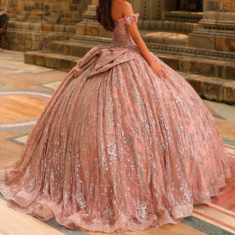 Pink Quinceanera Dresses Ball Gown Off The Shoulder Sequin Applique Lace Beads Bow Tull Party Birthday Sweet 16 Vestido De 15 Anos