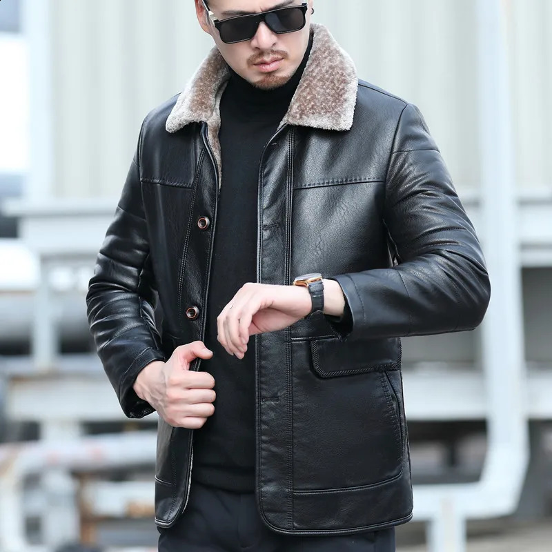 YX-838 Natural Leather Mens Autumn and Winter Sheepskin Casual Lapel Mid Length Business Leather Down Jacket Plus Size 250114
