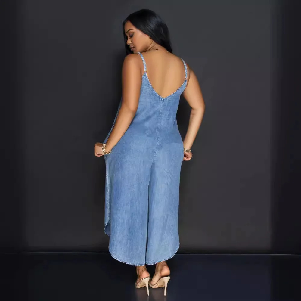 Womens Summer Fashion Casual Comfortable Versatile Irregular Denim Blue Sleeveless Suspender Straight 3/4 Jumpsuit 241230