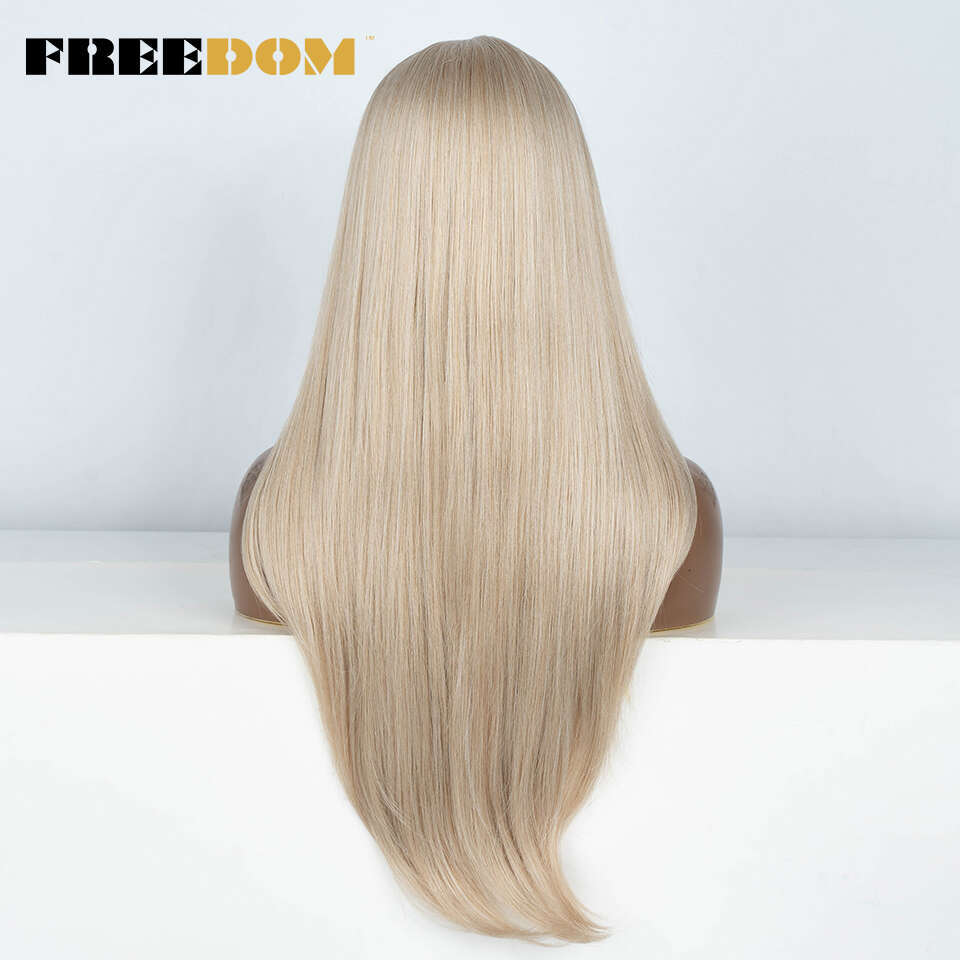 FREEDOM Synthetic Front For Women 28 Inch Straight Pink Ombre Brown Blonde Highlight Cosplay Lace Wigs Heat Resistant