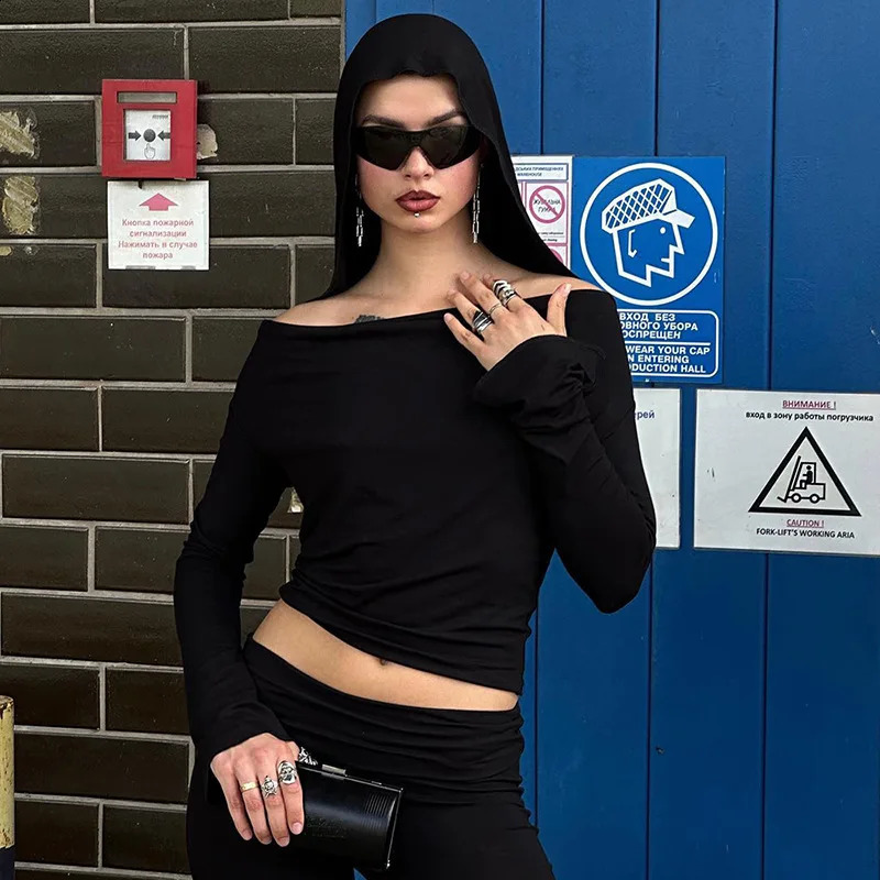 Y2k 2000s Hooded Crop Tops Long Sleeve Tees Black T Shirts Fall Trending Clothes for Women Streetwear 241224
