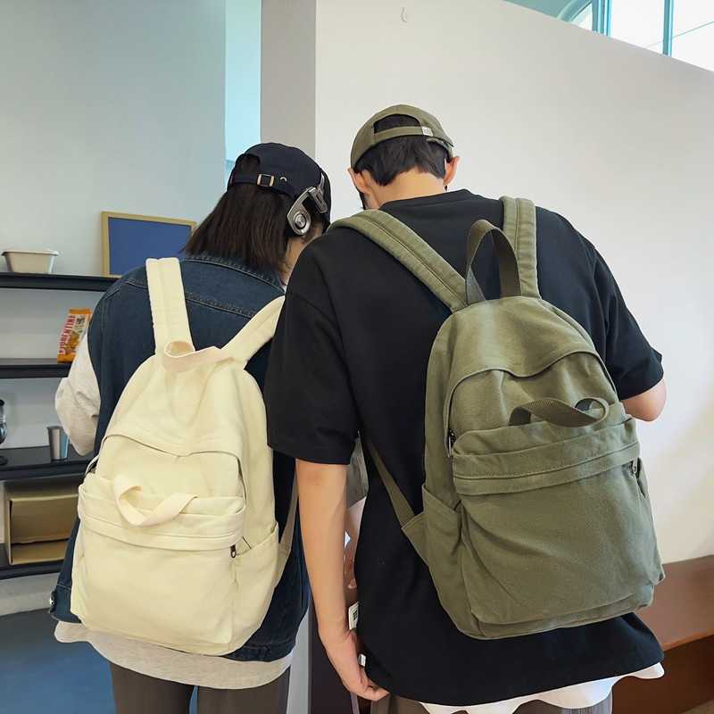 Washed canvas backpack for men and women, large capacity college student backpack for women, trendy brand street travel backpack 241230