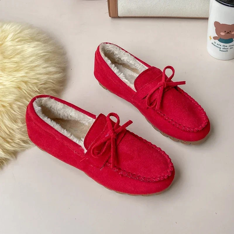 Womens Moccasins Soft Flat Fluffy Footwear Winter Female Shoes Home Warm Plush Bow Slip On 2024 Vintage Fashion Comfort 241225