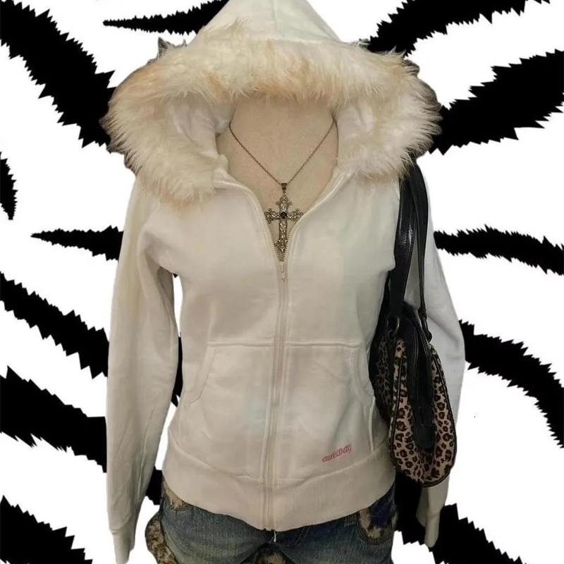 Retro Winter Fur Collar Thick Warm Hoodie for Women Zipper Hoodie Black Letter Comfortable Sweatshirt