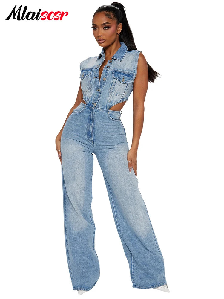 Mlaiscsr Blue Hollow Out Straight Stretch Denim Jumpsuit Women Lapel Button One-piece Pants Jeans Rompers Female Cow Overalls 241230