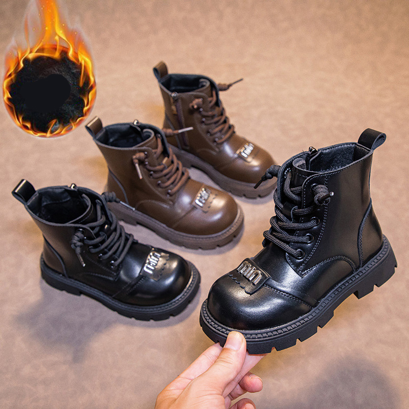 Fashion Children Leather Boots Autumn Winter Boys Girls Youth Boots Warm Cotton Kidsnest Kids Ankle Boots Versatile Anti-slip Girls Shoes Sizes US9C-U