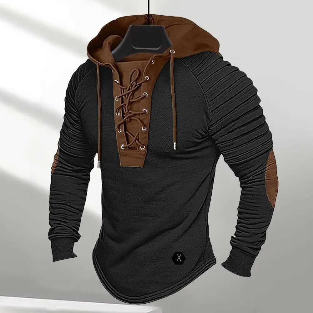 Mens Spring Autumn Hoodie with Folded Shoulders Colored Lock Brushed Hoodie Top Long Sleeve Lace Retro Mens Daily Hoodie W241230