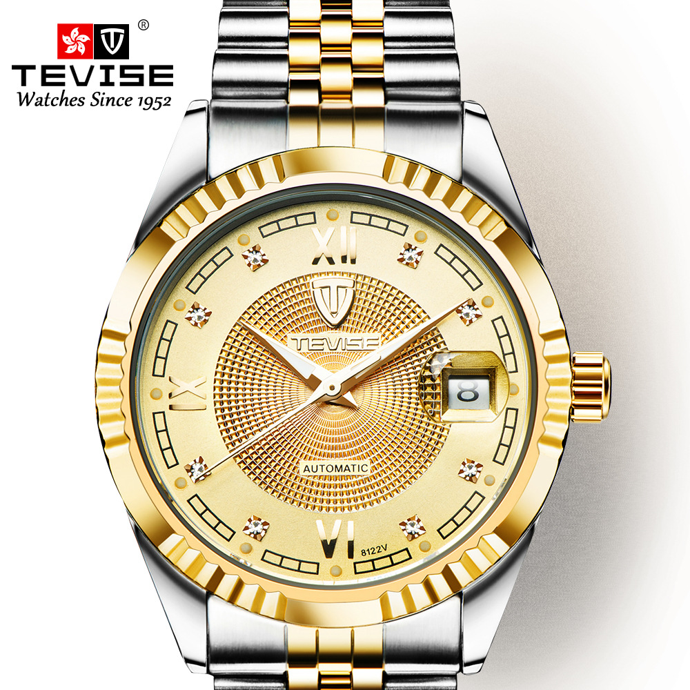 TEVISE Mechanical Watchs Men Waterproof Calendar Watch Leisure and Fashionable Stainless Steel Designer Mens Watch Luminous Automatic Wristwatch T012 