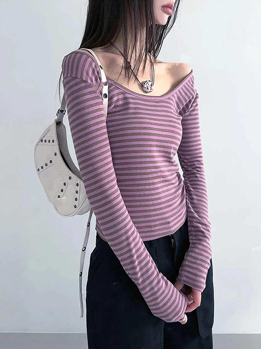 wsevypo Women Basic T-shirt Fall Spring Striped Casual Tops Long Sleeve Scoop Neck Slim fit Pullovers Harajuku Streetwear 241224