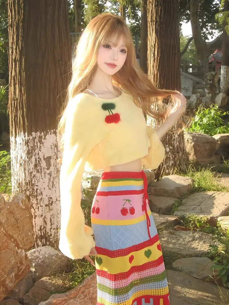 Y2k Two Piece Skirt Suit Pure Desire Short Pullover Knitted Sweater 2024 Dopamine Korean y Style Slimming Slim Knitted Skirt 241224