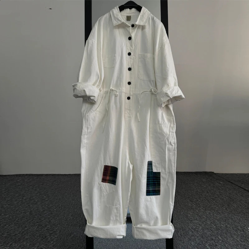 Cow Coveralls Women Spring Autumn Lapel Button Drawstring Waist Long Sleeve High Waist Jeans Romper Wide Leg Jumpsuit 241230