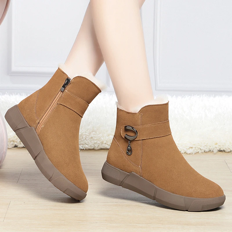AIYUQI Women Snow Boots Genuine Leather Winter Shoe Boots Women Casual Natural Wool Wedge Women Ankle Boots