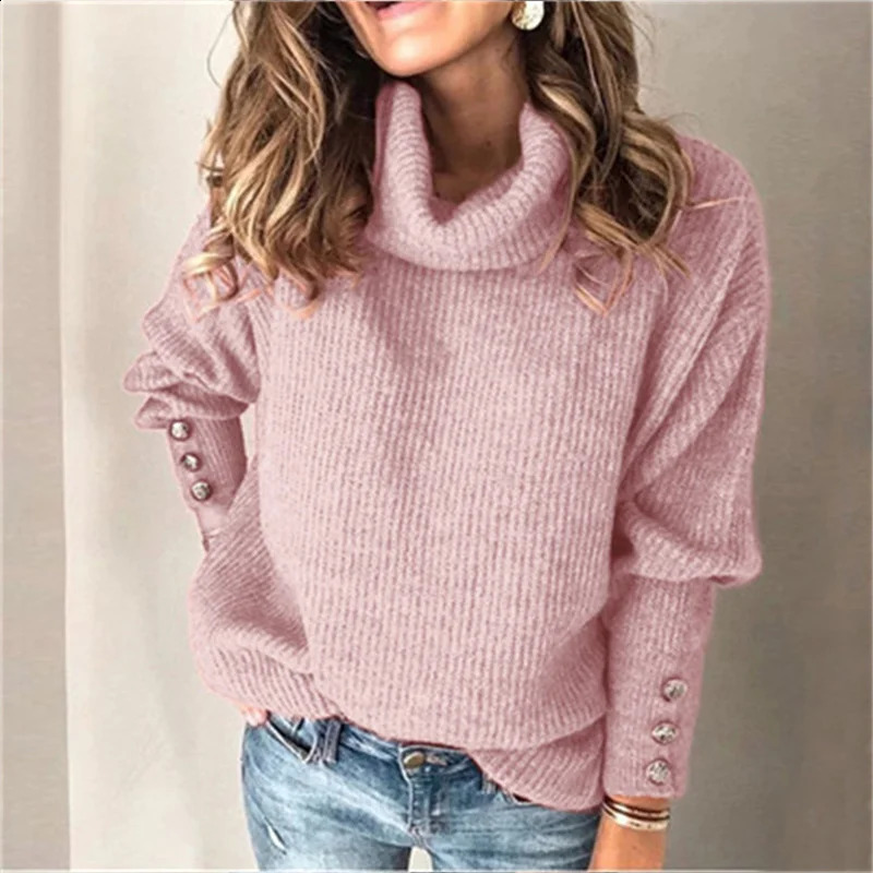 2024 Fashion Button Decoration Lantern Long Sleeve Knitwear Women Turtleneck Sweater Female Solid Color Pit Stripes Knitted Tops 241223