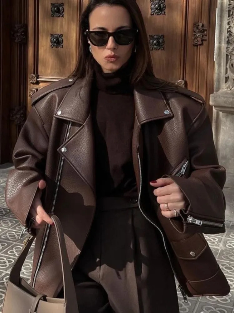 Lapel Zipper Leather Jacket Coat Silhouette Loose Solid Color Womens Casual Biker Jackets Retro Street Overcoat Autumn Top 241224