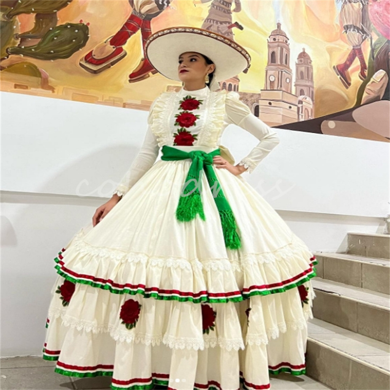 Mexican Folkloric Vestidos De 15 Quinceanera Dress White Embroidery Long Sleeve Vestidos De Novia Mariachi Prom Party Jalisco Xv Debutant Para Hallowe