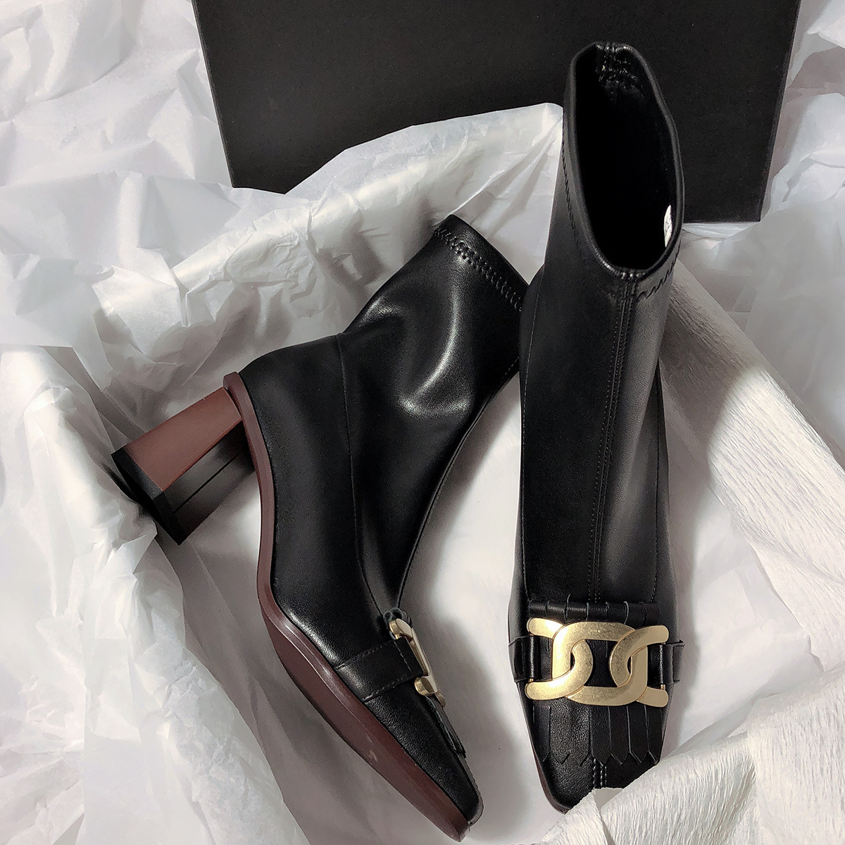 New Autumn/Winter Women Sheep Suade Toe Square Heel Mid-Heel Ankle Boots Fringed Zipper Fashion Office Lady Shoes 34-39