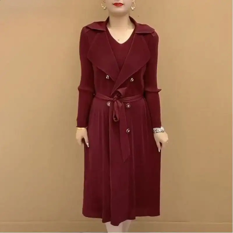 Fashionable Pleated Suit Collar Two Piece Trench Coat 2024 Autumn Winter Waist Pleats Wind Dress 241220