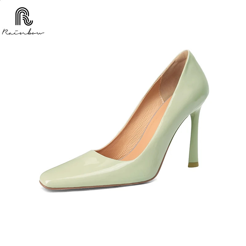 RAINBOW 33-40 Handmade Genuine Leather Shoes Trend Women Pumps Pointed square Toe High Heels Party Elegant Ladies Office 241230