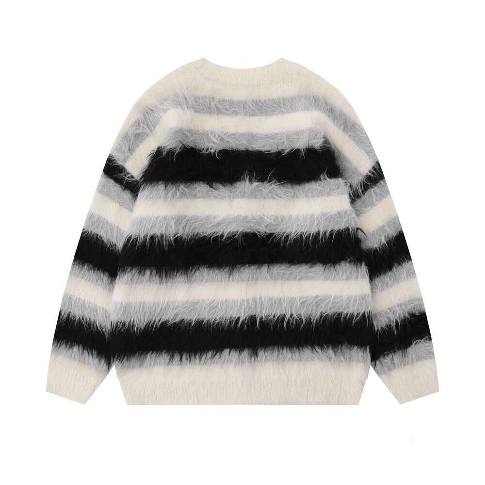 Men's Wear Striped Plush V-Neck Sweater Men's Loose Casual Brushed Knit Trendy Couple Versatile Comfortable Haruku High Street Cardigan