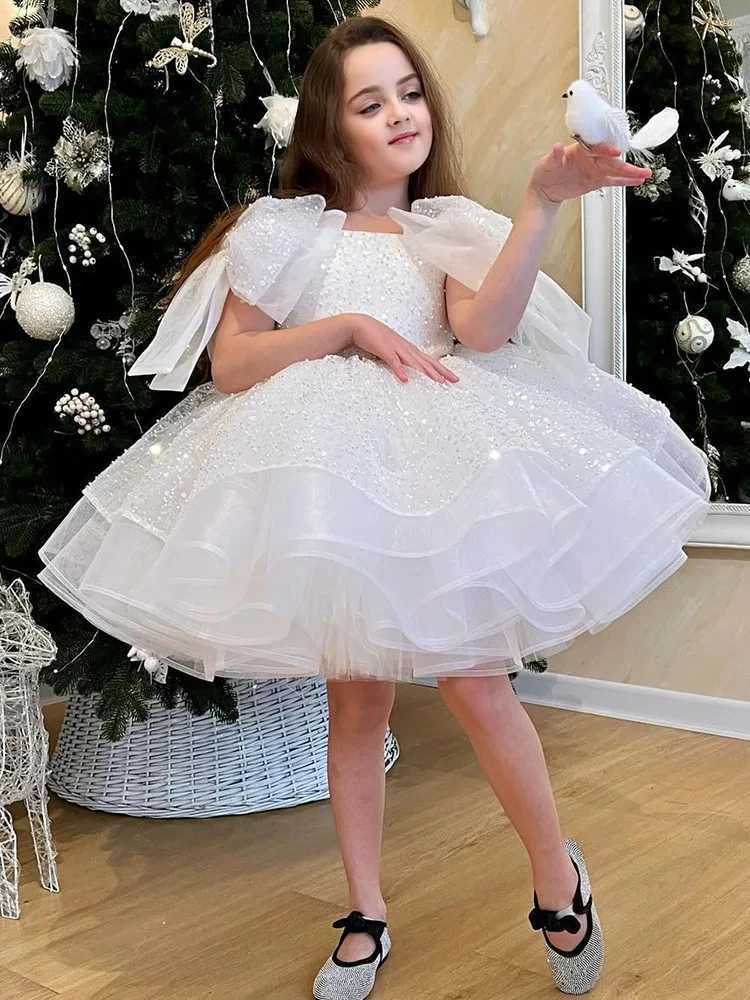 Girl's Dresses Fluffy Gold Satin Flower Girl Dress Knee Length Sparkling Wedding Party Dress Bow Child Baby Birthday Dress Ballet Tutu Dress L250